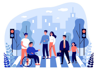 Wall Mural - Disabled people crossing street. Blind woman, wheelchair, child flat vector illustration. Urban traffic, safety, rules concept for banner, website design or landing web page