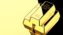 3D Rendering Illustration Of Three Gold Bars On A Golden Surface With Black Reflection. Stack Of Gold Bullions As Business Financial Banking Concept Background With Copy Space