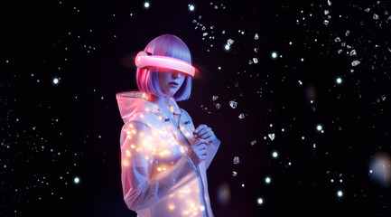 Wall Mural - beautiful woman with purple hair in futuristic costume over dark background. girl in glasses of virt