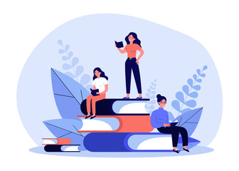 People reading books. Students studying textbook, doing homework. Vector illustration for literature, library, learning at home, education, knowledge concept