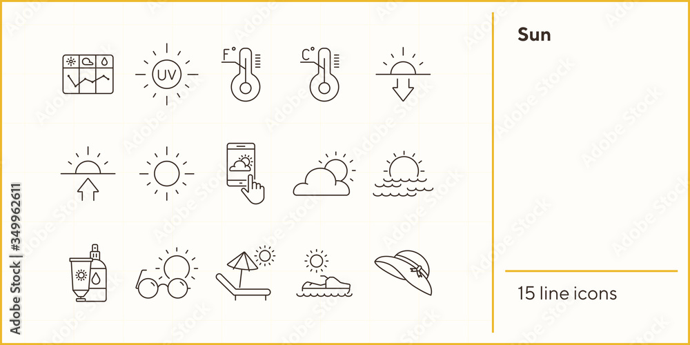 Sun line icon set. Weather, sunscreen, forecast. Vacation concept. Can be used for topics like resort, protection, sunbathing - obrazy, fototapety, plakaty 