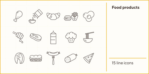 Poster - Food products line icons. Carton of milk, noodles, fast food. Food concept. Vector illustration can be used for topics like meals, eating, nourishment