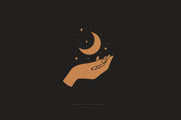 Poster - Mystical composition with hand, stars, and crescent on a dark background. Boho style and esoterics. Ethnic magic and astrological symbols. Vector illustration.