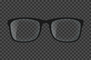 Realistic eye glasses. Black eyeglasses with transparent lenses and glares. Vector illustration isolated on transparent background.