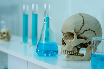 human skull and blood sample in test tube glassware with sign biohazard in medical  science laboratory equipment to diagnosis for virus pandemic