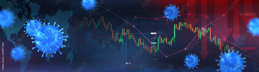The coming crisis due to Covid-19 and the collapse of the markets, Shares fall down, Economy fallout. The impact of coronavirus on the stock exchange and the global economy. World economy. Vector - obrazy, fototapety, plakaty 
