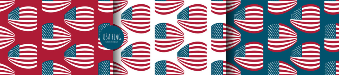 Wall Mural - Set Seamless pattern USA abstract waving flag on white, red, blue background. National United States holidays wallpaper, wrapping paper print. Patriotic US celebration decoration. Vector illustration