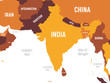 South Asia map - brown orange hue colored on dark background. High detailed political map of southern asian region and Indian subcontinent with country, ocean and sea names labeling
