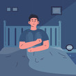 Depressed woman suffering from insomnia at night in her bedroom.A young woman with insomnia sits on a bed.Sad and angry girl thinks how to sleep.Flat cartoon character.Colorful vector illustration.