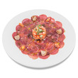 Iberian pork tenderloin carpaccio dish with tomato, garlic and olive oil.