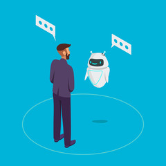 Digital advisor robot flat vector illustration. Сyborg operator, chatterbox concept, automation of support services, artificial intelligence concept. Robot communicates with a man