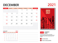 Calendar 2021 Design, December Month Template, Desk Calendar 2021 Layout, Simple And Clean Design, Advertisement, Printing, Business Template Vector Eps10, Red Background