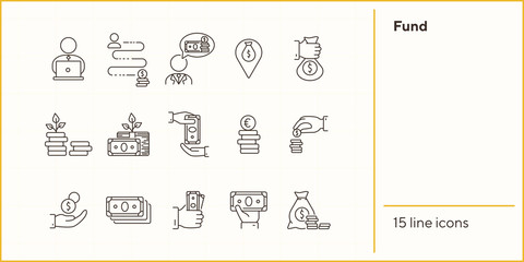 Wall Mural - Fund icons. Line icons collection on white background. Saving, money location, wealth. Money concept. Vector illustration can be used for topic like business, banking, finance