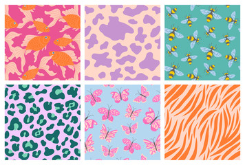 Aufkleber - Seamless patterns set. Fish, minimalistic prints, bees and butterflies