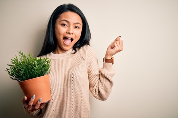 Wall Mural - Young beautiful chinese woman holding plant pot standing over isolated white background screaming proud and celebrating victory and success very excited, cheering emotion