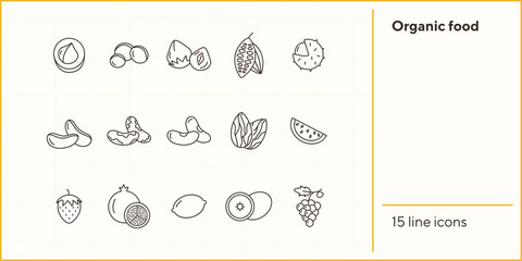 Poster - Organic food concept. Set of line icons on white background. Macadamia, chestnut, hazelnut. Nuts and fruits concept. Vector illustration can be used for topics like healthy eating, food, dieting