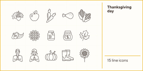 Thanksgiving day line icon set with acorn, pie and pumpkin. Pilgrim, honey, vegetable, fruit. Thanksgiving concept. Can be used for topics like autumn, holiday, dinner, harvest