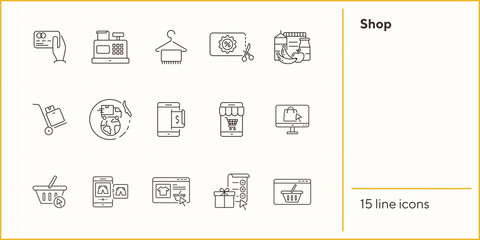 Canvas Print - Shop line icon set. Credit card, hanger, webpage, shopping basket. Ecommerce concept. Can be used for topics like internet store, ecommerce, international delivery