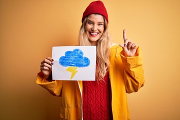 Sticker - Young beautiful blonde woman wearing raincoat holding banner with cloud thunder image surprised with an idea or question pointing finger with happy face, number one