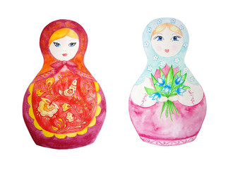 Wall Mural - two russian nesting dolls watercolor