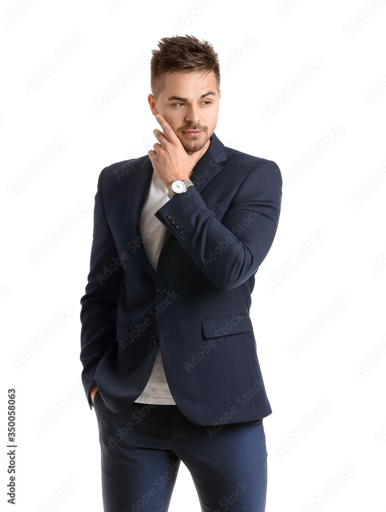 Handsome man with stylish hairdo on white background