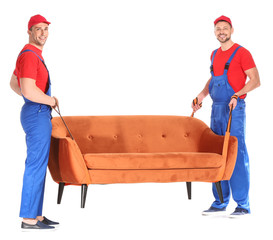 Wall Mural - Loaders carrying furniture against white background