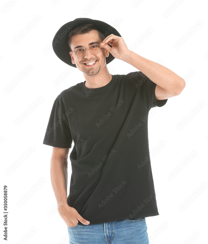 Man in stylish t-shirt on white background