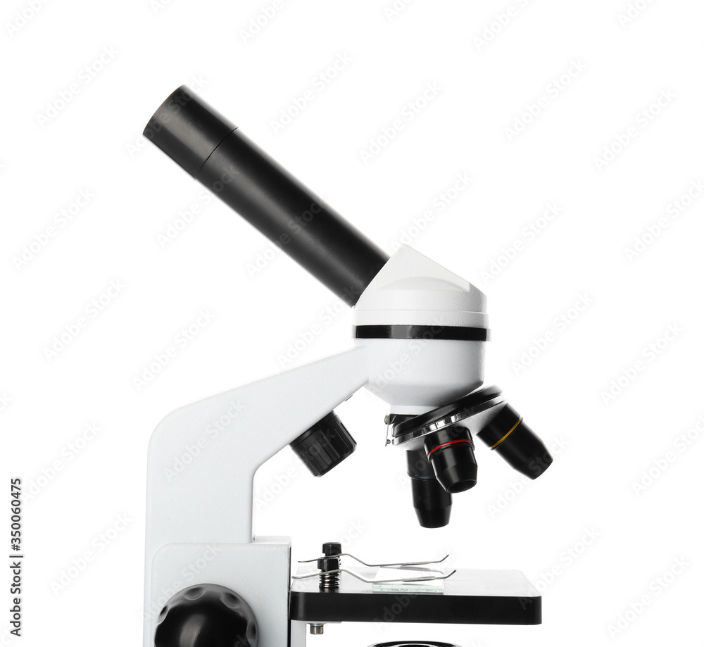 Modern microscope on white background