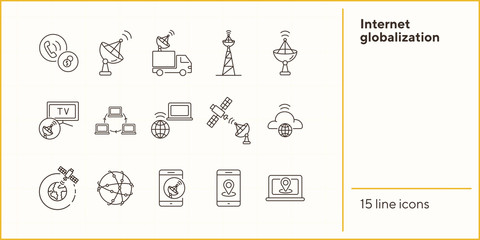 Poster - Internet globalization thin line icon set. Wireless connection, signal transmission, modern technology isolated signs. Communication services concept. Vector illustration symbol elements for and apps.