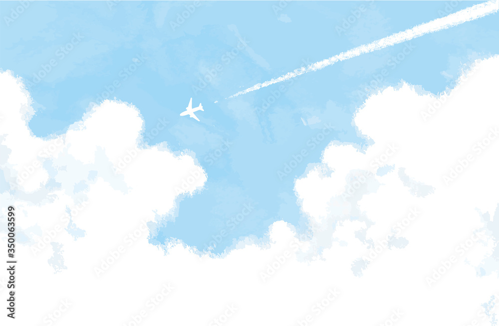 雲 飛行機 飛行機雲 快晴 夏 空 水彩 手描き 青空 風景 イラスト 自然 晴れ 屋外 白バック 青色 水彩画 ジェット機 コピースペース 航空機 旅客機 線画 旅行 明るい グラフィック 旅 乗り物 Wall Mural Skyflower
