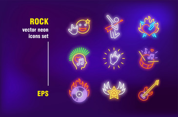 Wall Mural - Rock neon signs set. Music, guitar and rocker. Vector illustrations for night bright advertisement. Concert and entertainment concept