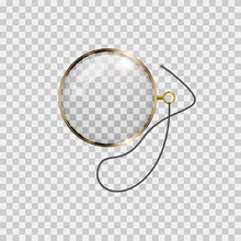 Golden Monocle With Lace Isolated On Checkered Transparent Background. Realistic Vector Illustration.
