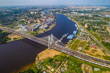 Wall Mural - Saint Petersburg. Russia. Aerial photography of a cable-Stayed bridge. View of St. Petersburg from a drone. Obukhov bridge over the Neva river. Bridges Of St. Petersburg.