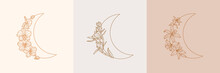 Set Of Crescent Moon Of Orchid And Lily Flowers In Trendy Linear Minimal Style. Vector Floral Outline Emblems