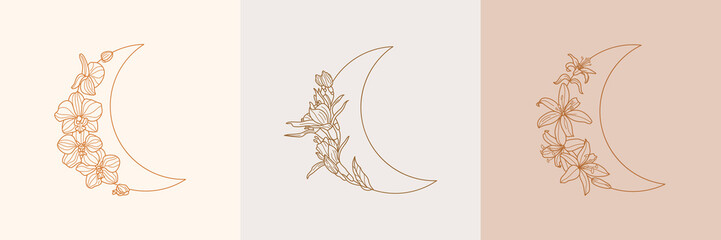 set of crescent moon of orchid and lily flowers in trendy linear minimal style. vector floral outlin