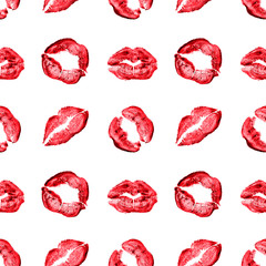 Seamless pattern of red lipstick kiss print on white background isolated, sexy pink lips makeup marks repeating ornament, female kisses wallpaper, beauty make up backdrop, fashion banner, love design