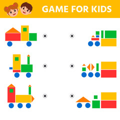 Wall Mural - Education logic game for preschool kids for the development of logical thinking. Connect the details and  colorful geometric shapes. Preschool worksheet activity. Children funny riddle entertainment