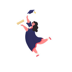 Young woman student jumping with joy.   Diplom and graduating cap flying up in the air. Graduate of educational institution celebrating victory. End of study concept