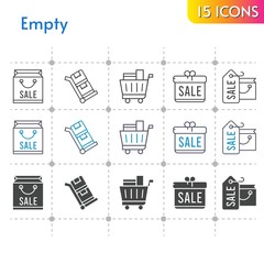 empty icon set. included gift, shopping bag, shopping cart, trolley icons on white background. linear, bicolor, filled styles.