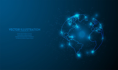 glowing earth (globe) on blue abstract background. low poly earth (globe) backgraound. lines and tri
