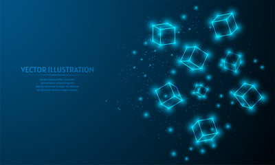 Glowing squer on blue abstract background. squer backgraound. lines and triangles on blue background.