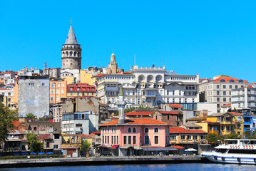 Poster - View from water on Galata Tower and Beyoglu district, Istanbul, Turkey