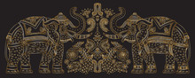 Vector Set Decorative Fantasy Ornate Indian Elephant Line Art Silhouette With Tropical Leaves And Flowers. Golden Contour Thin Line, Ethnic Ornaments On A Black Background. T-shirt Print. Batik Paint