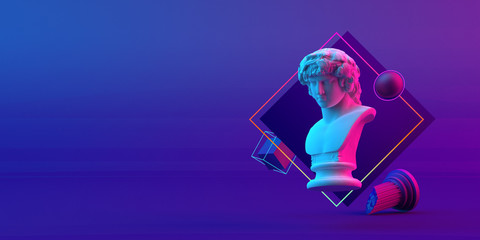 Wall Mural - 3d-illustration of an abstract cyberpunk composition of antinous sculpture and primitive objects