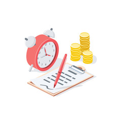 Time clock money coins document pen signature. Vector 3d isometric, color web icon, new flat style. Creative illustration design, isolated graphic idea for infographics.