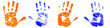 Blue and orange handprints isolated on a white background.