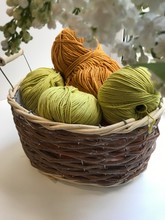 Balls Of Yarn In A Basket And On A White Background. Lilac. The View From The Side