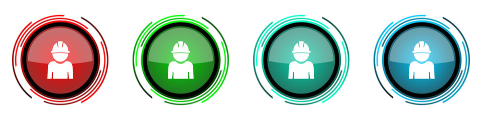 Leinwandbilder - Engineer round glossy vector icons, worker, manager, employe set of buttons for webdesign, internet and mobile phone applications in four colors options isolated on white background