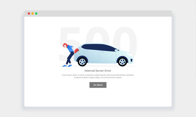 Wall Mural - modern flat design concept of woman pushing a broke down car for website and mobile website. empty s