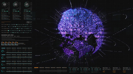 Fototapete - Futuristic hi-tech graphic user interface head up display with digital code and data info graphic telemetry information display for desktop screen background